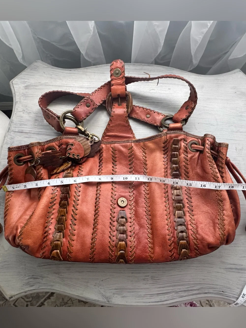 Isabella Fiore Whipstitch Leather Hobo Bag Boho Slouchy Brown Vintage